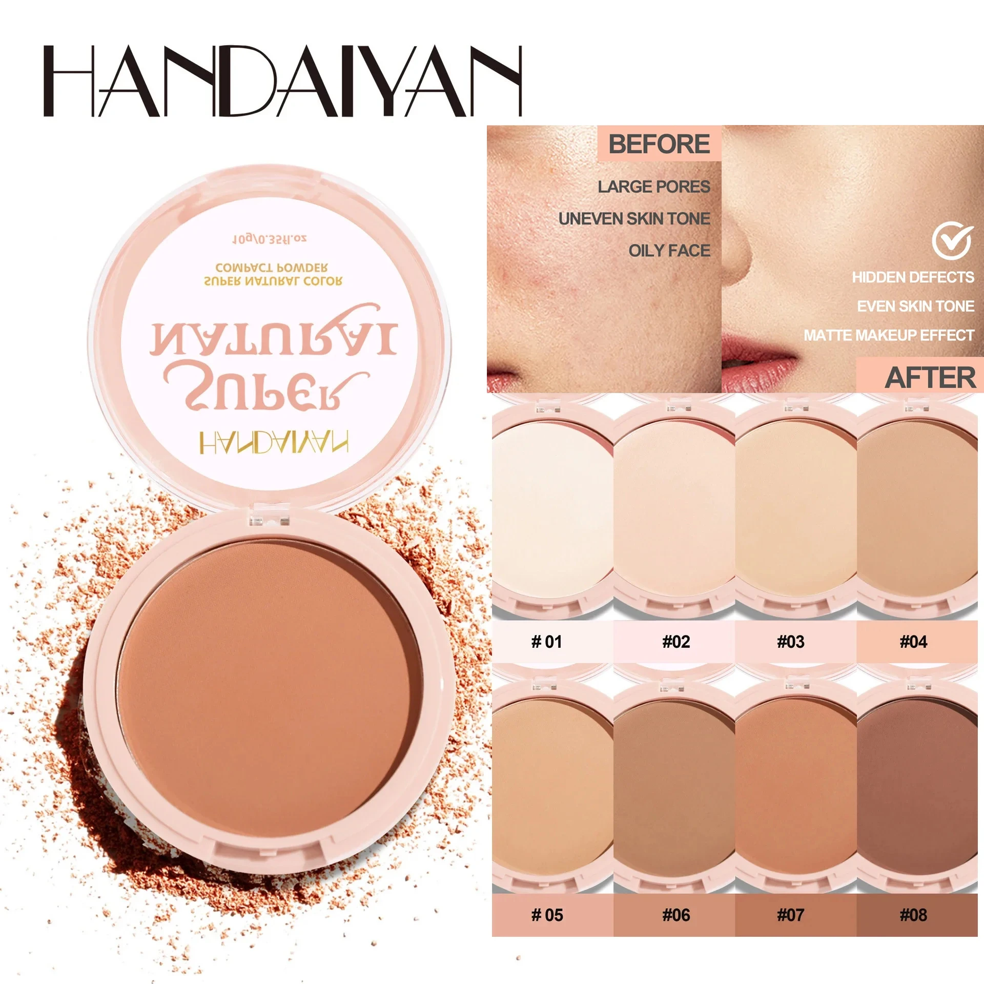 34414-r7s3od.jpg 8 Color Matte Face Pressed Powder 24 Hours Oil Control Natural Setting Powder Foundation Full Coverage Waterproof Lasting Makeup - Image 1