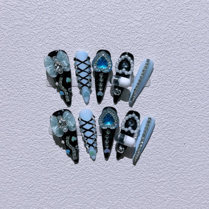 Long Stiletto Press on Fake Nails Blue Heart Diamond Bow Decoration False Nail Y2K Fashion Artificial Nail Handmade Acrylic Nail - Image 2