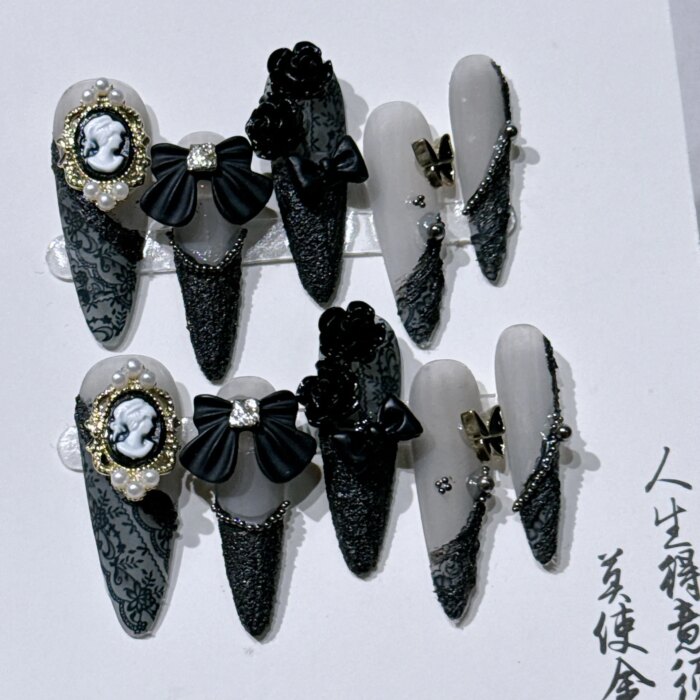 Long Stiletto Press on Fake Nails Blue Heart Diamond Bow Decoration False Nail Y2K Fashion Artificial Nail Handmade Acrylic Nail - Image 4