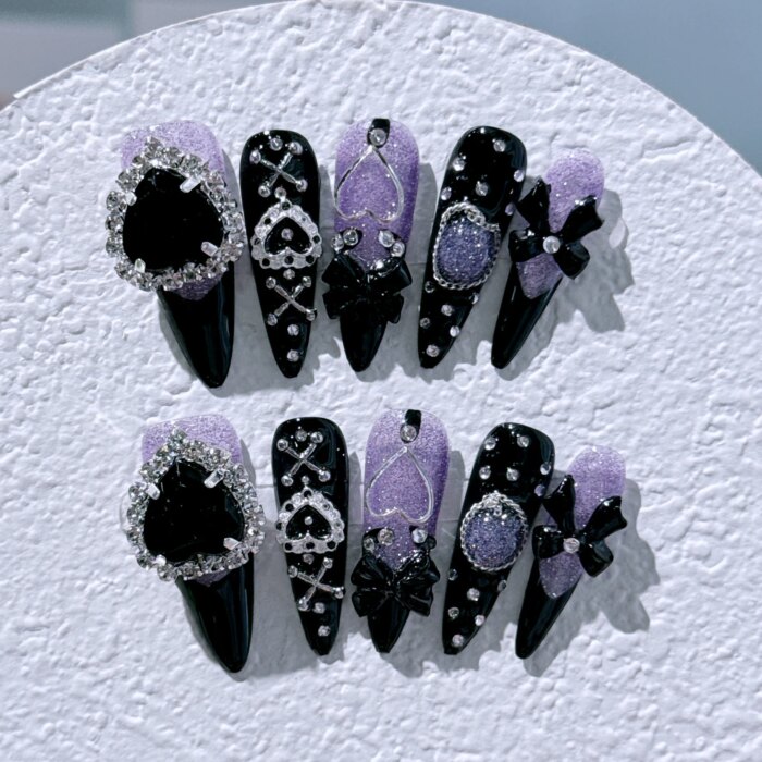 Long Stiletto Press on Fake Nails Blue Heart Diamond Bow Decoration False Nail Y2K Fashion Artificial Nail Handmade Acrylic Nail - Image 3