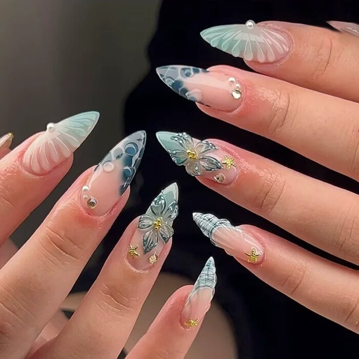 24pcs Pink Flower Almond Press on Nails Kawaii False Nails Wearable Stick-on Nails Fake Nail Uñas Postizas Накладные Ногти 네일팁 - Image 3