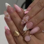 24pcs Pink Flower Almond Press on Nails Kawaii False Nails Wearable Stick-on Nails Fake Nail Uñas Postizas Накладные Ногти 네일팁