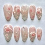 24pcs Pink Flower Almond Press on Nails Kawaii False Nails Wearable Stick-on Nails Fake Nail Uñas Postizas Накладные Ногти 네일팁 - Image 2
