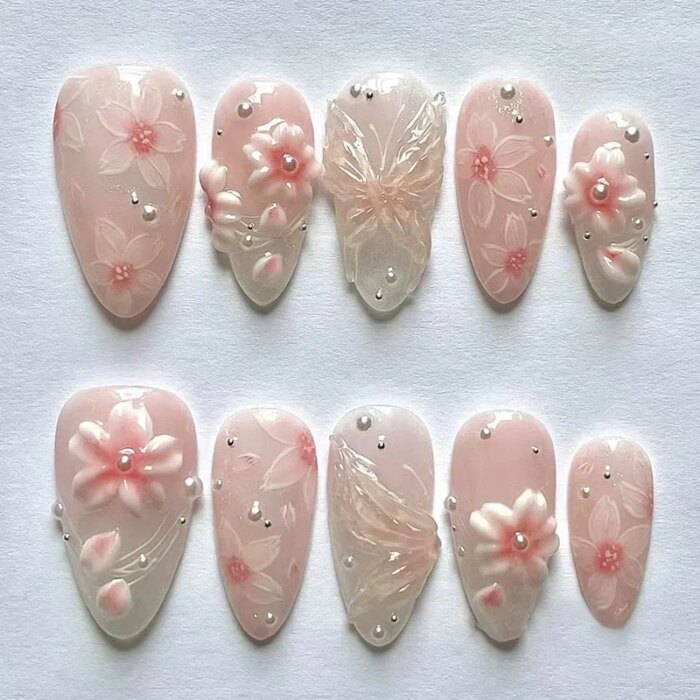 24pcs Pink Flower Almond Press on Nails Kawaii False Nails Wearable Stick-on Nails Fake Nail Uñas Postizas Накладные Ногти 네일팁 - Image 2
