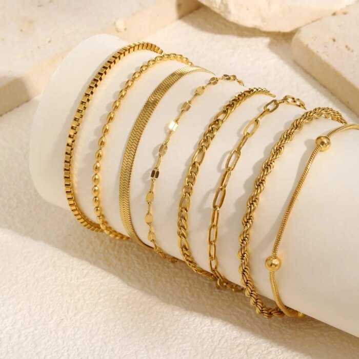 Non Tarnish Stainless Steel Bracelet Gold Plated Stackable for Women, Thin Herringbone Chain Bracelet Waterproof Jewelry Gift - Image 5