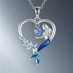 Luxury Female Crystal Blue Zircon Stone Heart Mermaid Pendant Necklace Vintage Silver Color Wedding Jewelry For Women