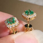 Huitan Eternity Green CZ Stud Earrings for Women Gold Color Luxury Bride Wedding Earrings Elegant Ear Accessories Party Jewelry