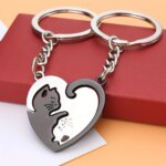 Interlocking Cat Heart Matching Couple Keychains Black Silver Split Puzzle Key Ring Romantic Distance Lover Gift Cute Animal Bag Key Pendant For Women Men - Image 2